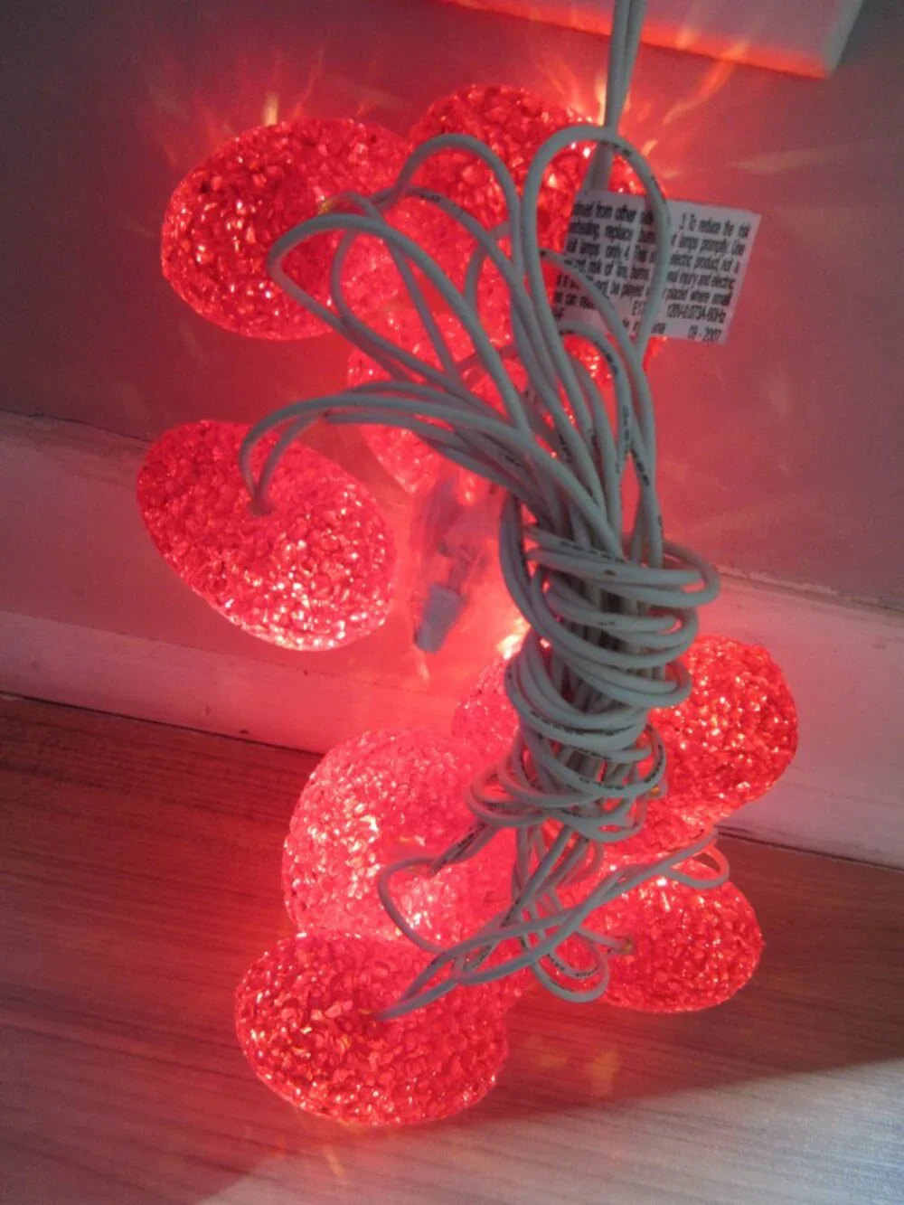 Heart String Light Red Melted Popcorn Plastic Blow Molded 10 Lights 9' Long